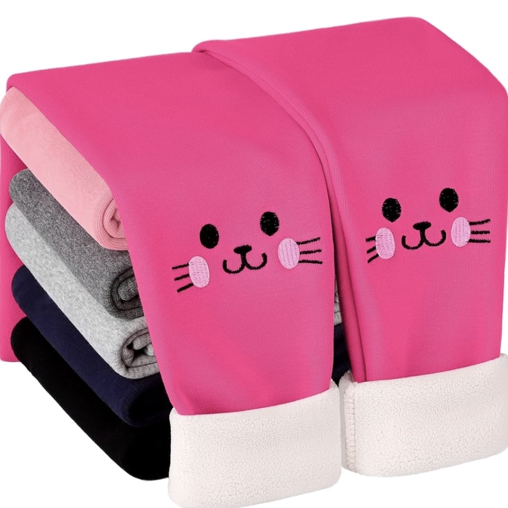 HIAHIF 1 Pair Girls Winter Fleece Lined Leggings Kitty Print Thick Warm Thermal